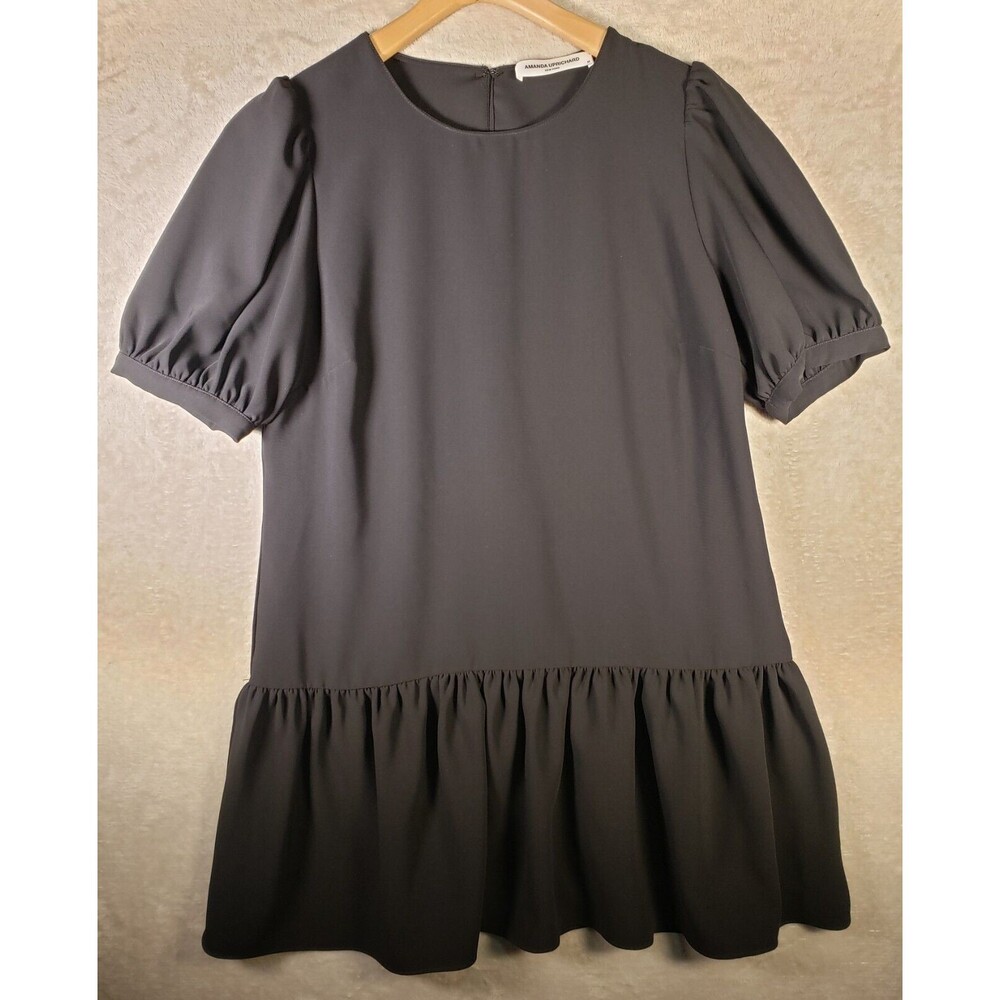Amanda Uprichard Dress Womens Size M Black Round Neck Ruffle Puff Balloon Sleeve